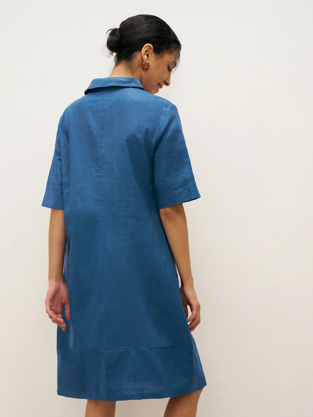 Linen Blend Shawl-Collar V-Neck Mini Dress