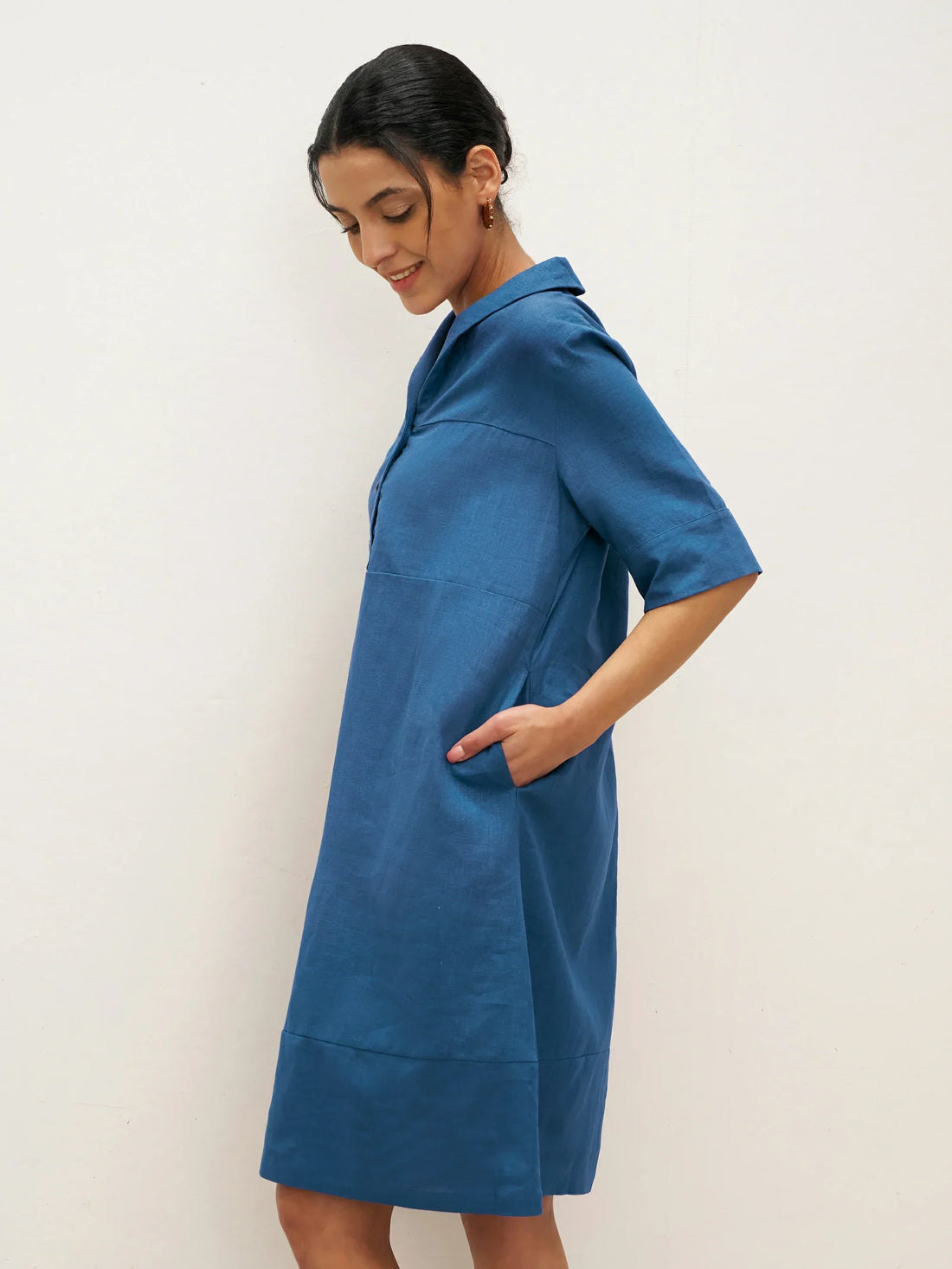 Linen Blend Shawl-Collar V-Neck Mini Dress