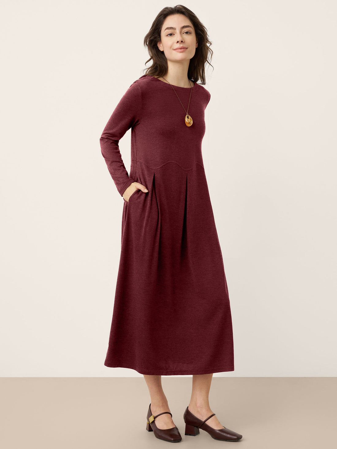 Wool Blend Pleated Round Neck Midi Dress