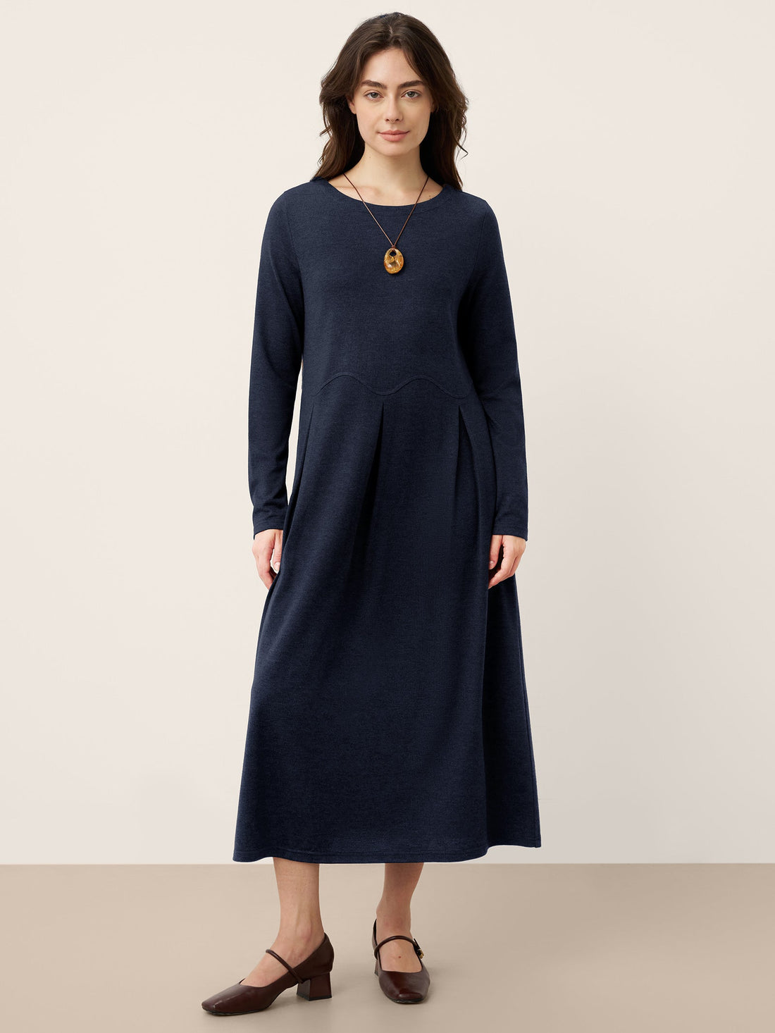 Wool Blend Pleated Round Neck Midi Dress