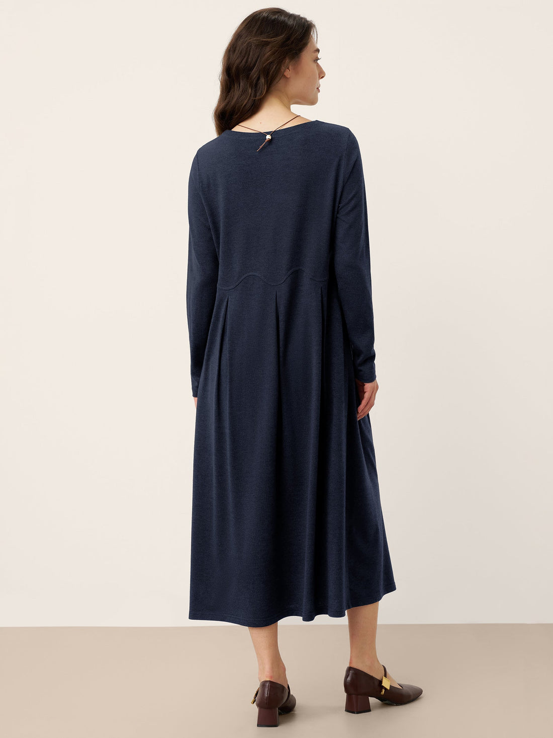 Wool Blend Pleated Round Neck Midi Dress