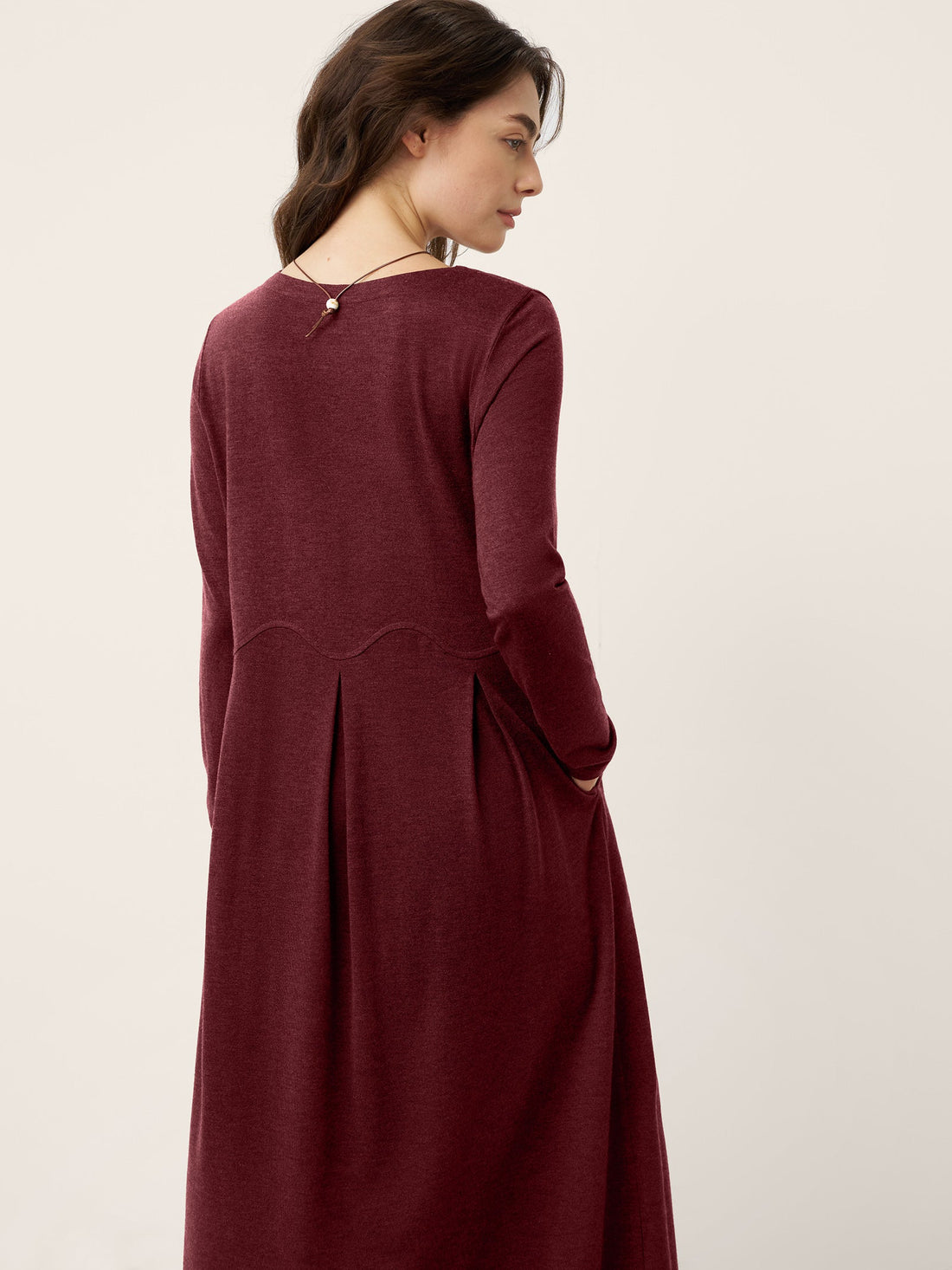 Wool Blend Pleated Round Neck Midi Dress