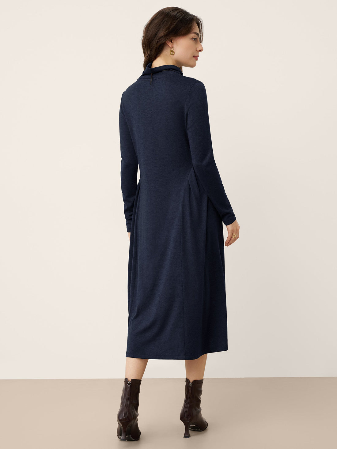 Wool Blend Pleated Midi Dress with Long Sleeves
