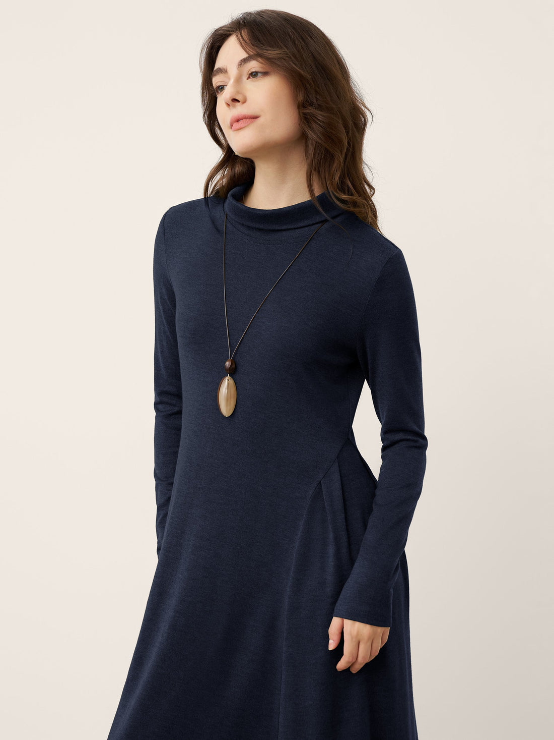Wool Blend Pleated Midi Dress with Long Sleeves