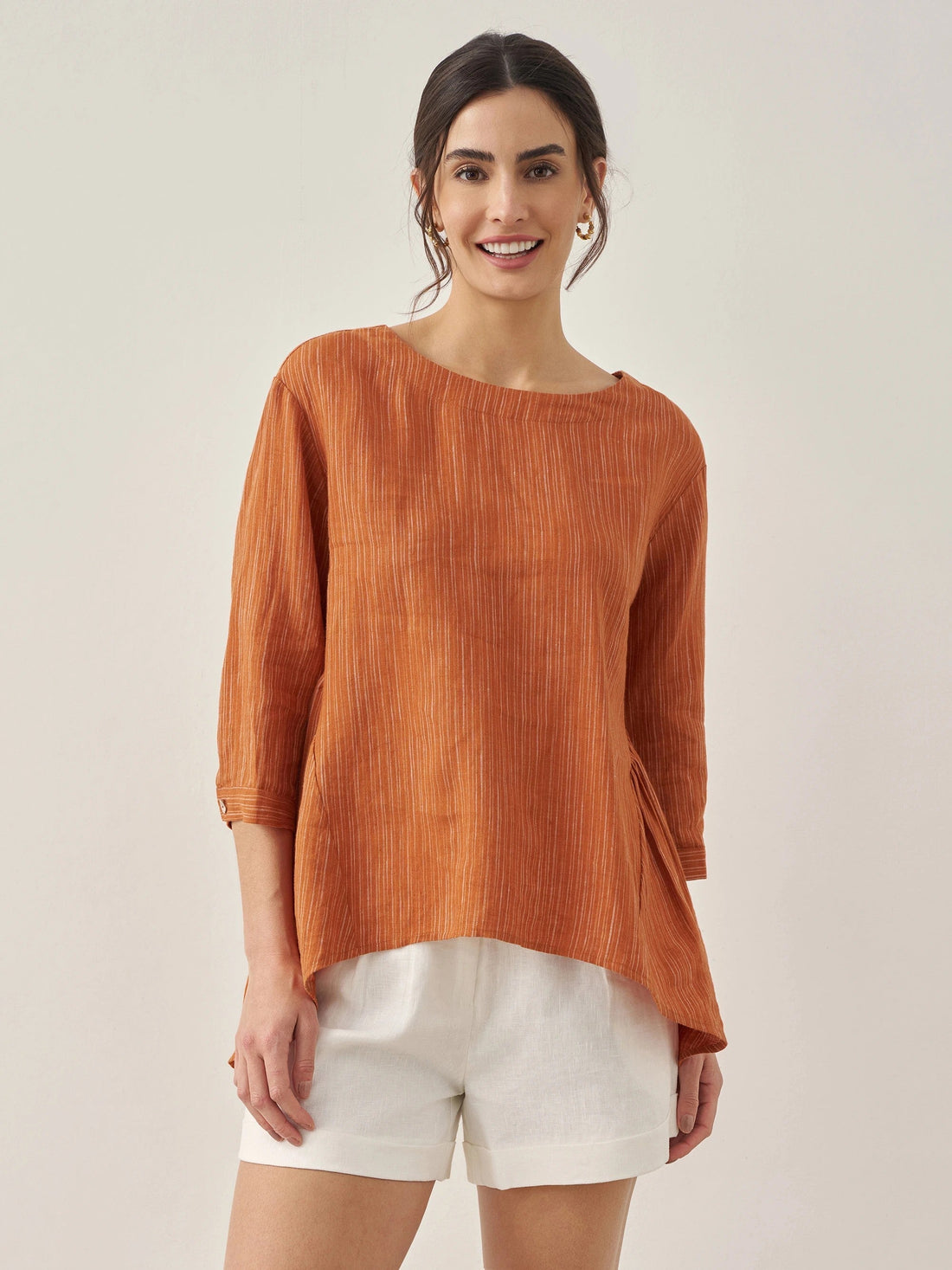 100% Linen Ruched Round Neck Blouse
