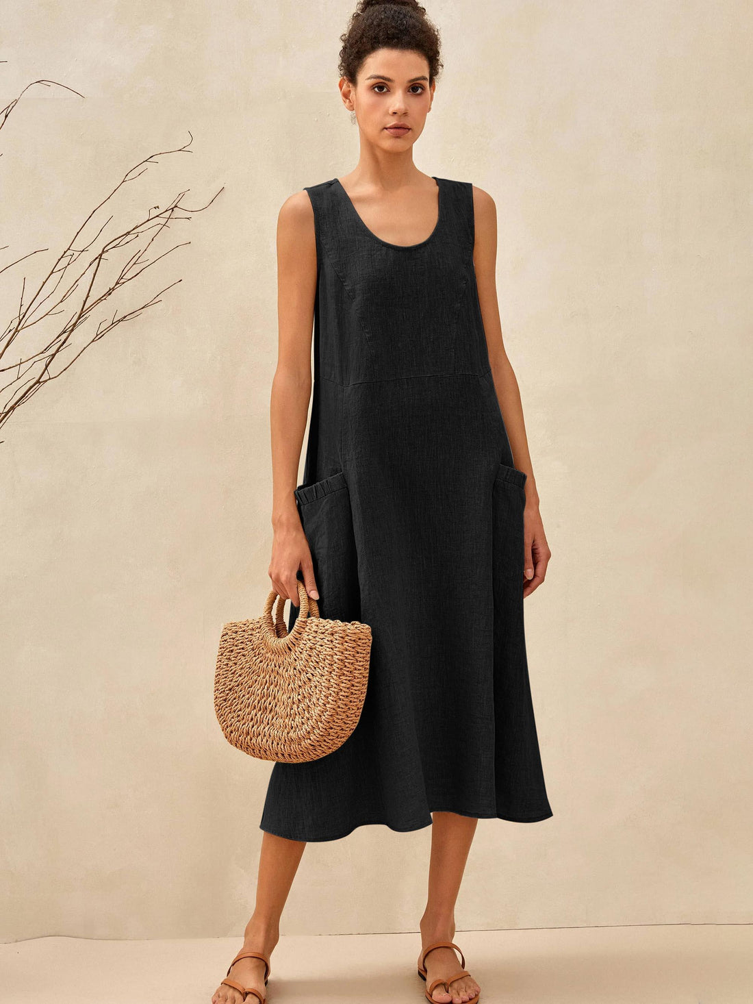 100% Linen A-Line Patch Pocket Midi Dress