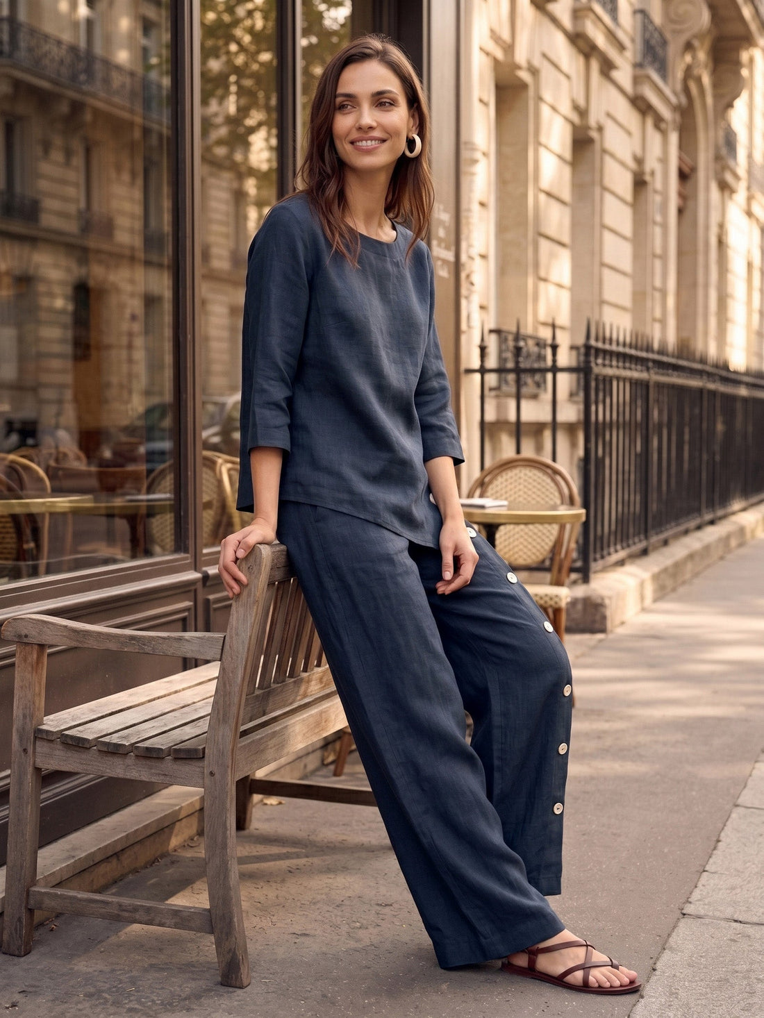 100% Linen Asymmetric-Hem Round Neck Blouse
