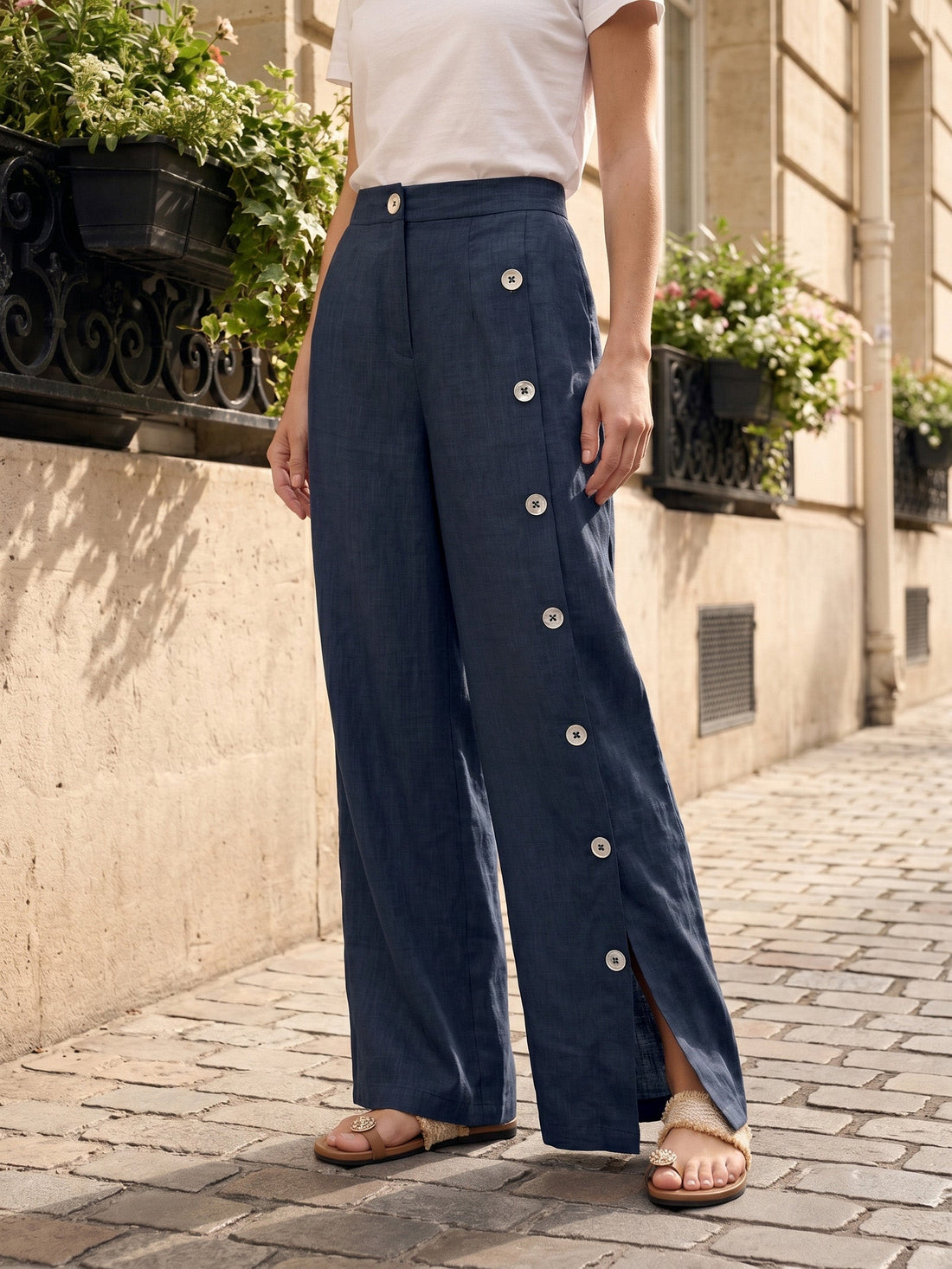 100% Linen High-Rise Straight-Leg Pants
