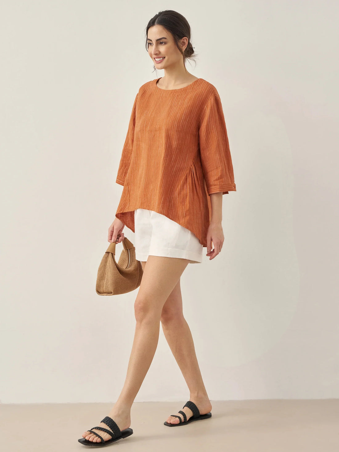 100% Linen Ruched Round Neck Blouse