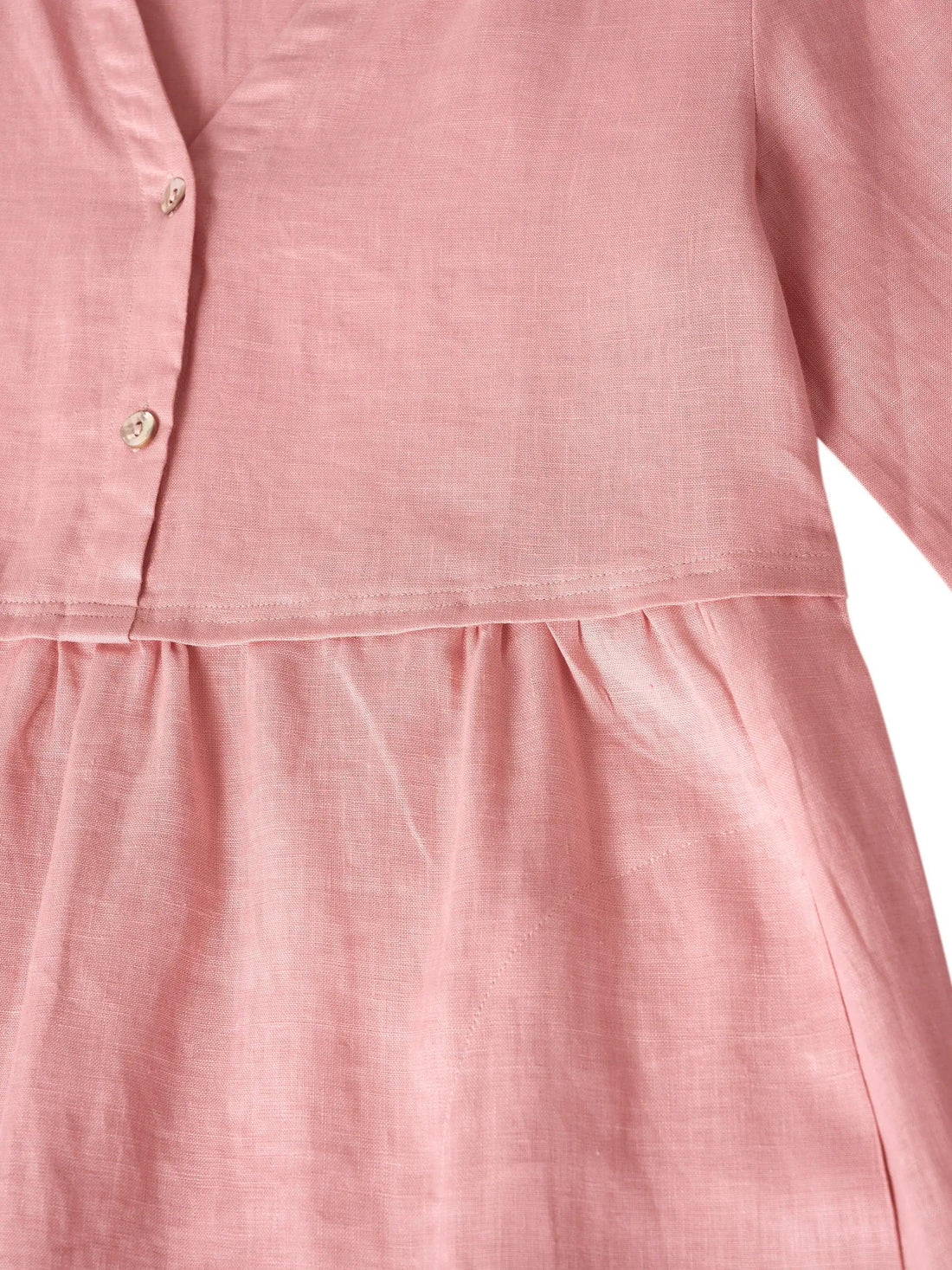 100% Linen Button-Waist Gathered V-Neck Midi Dress