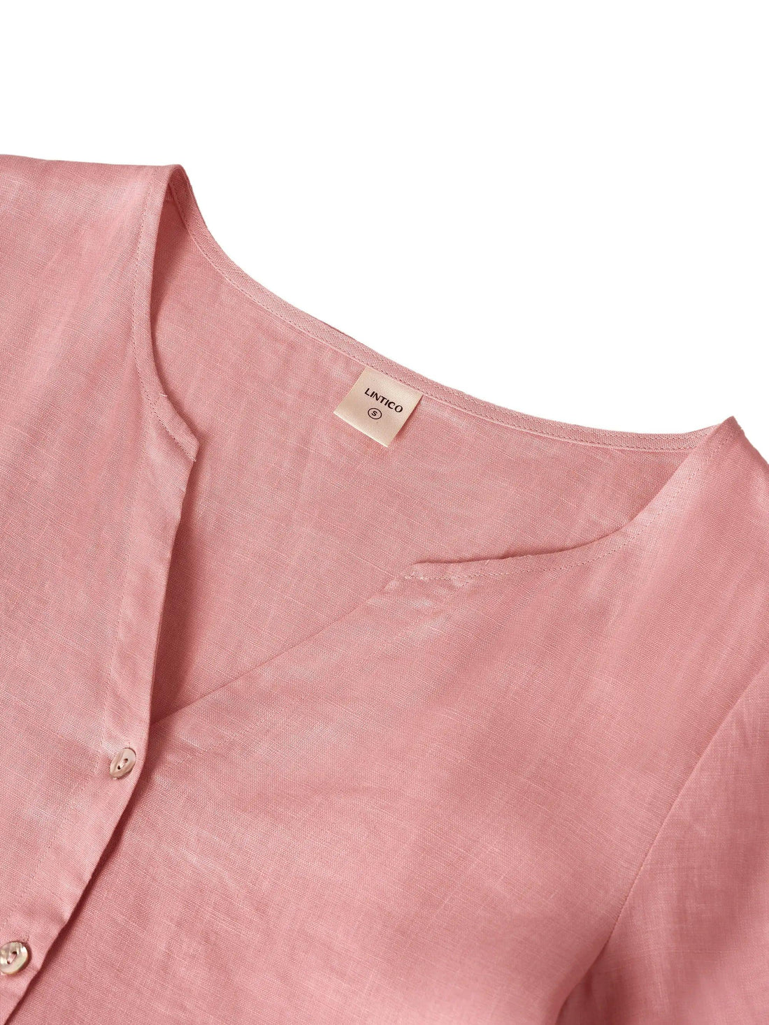 100% Linen Button-Waist Gathered V-Neck Midi Dress