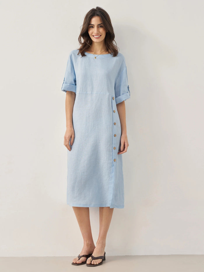 100% Linen Asymmetric Round Neck Midi Dress