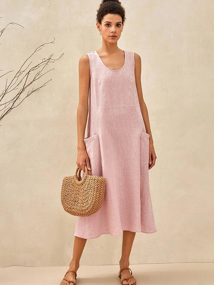 100% Linen Sleeveless Pocket Midi Dress
