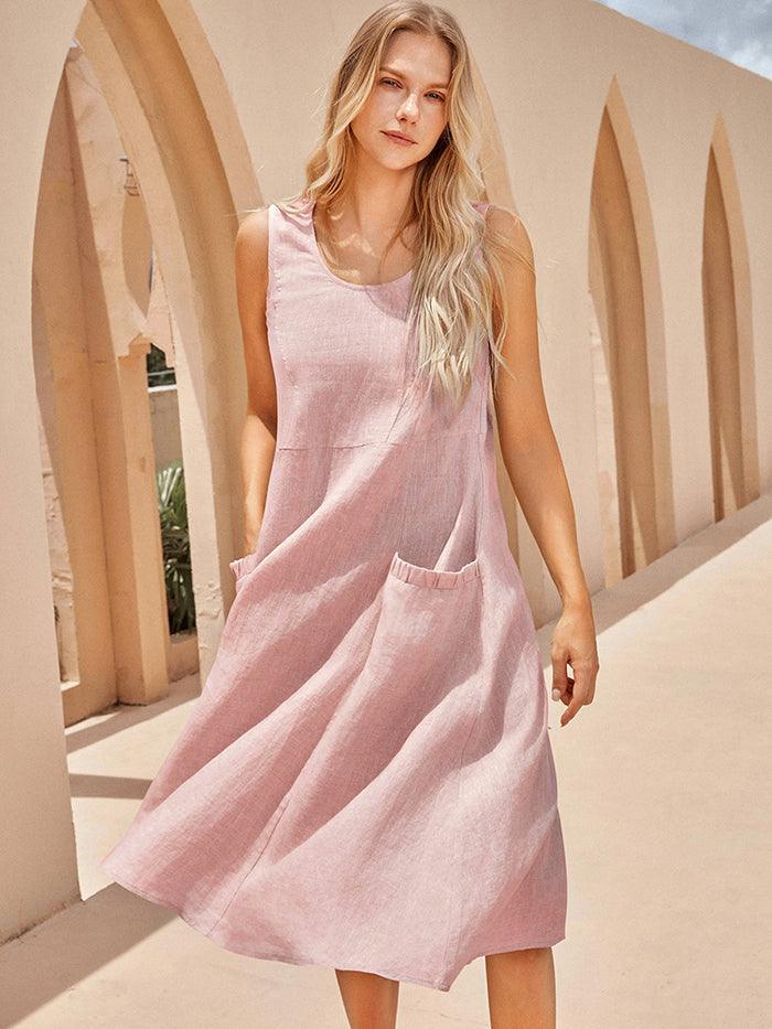 100% Linen Sleeveless Pocket Midi Dress