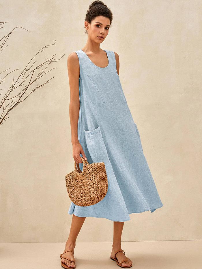 100% Linen A-Line Patch Pocket Midi Dress