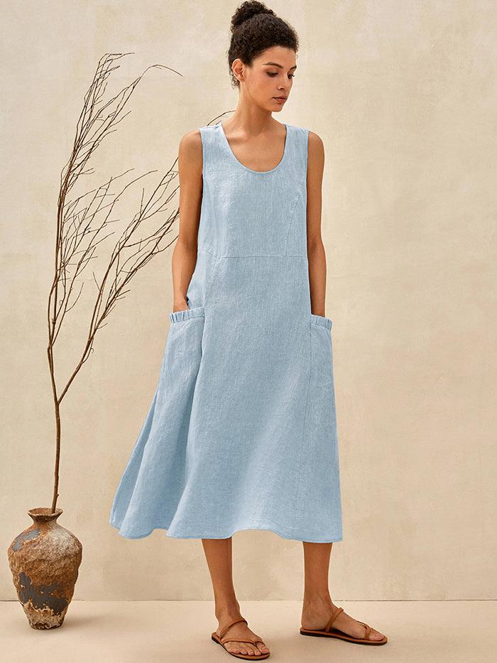 100% Linen Sleeveless Pocket Midi Dress