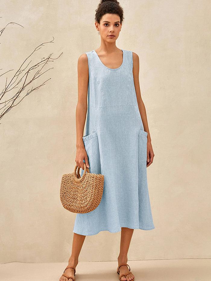 100% Linen Sleeveless Pocket Midi Dress