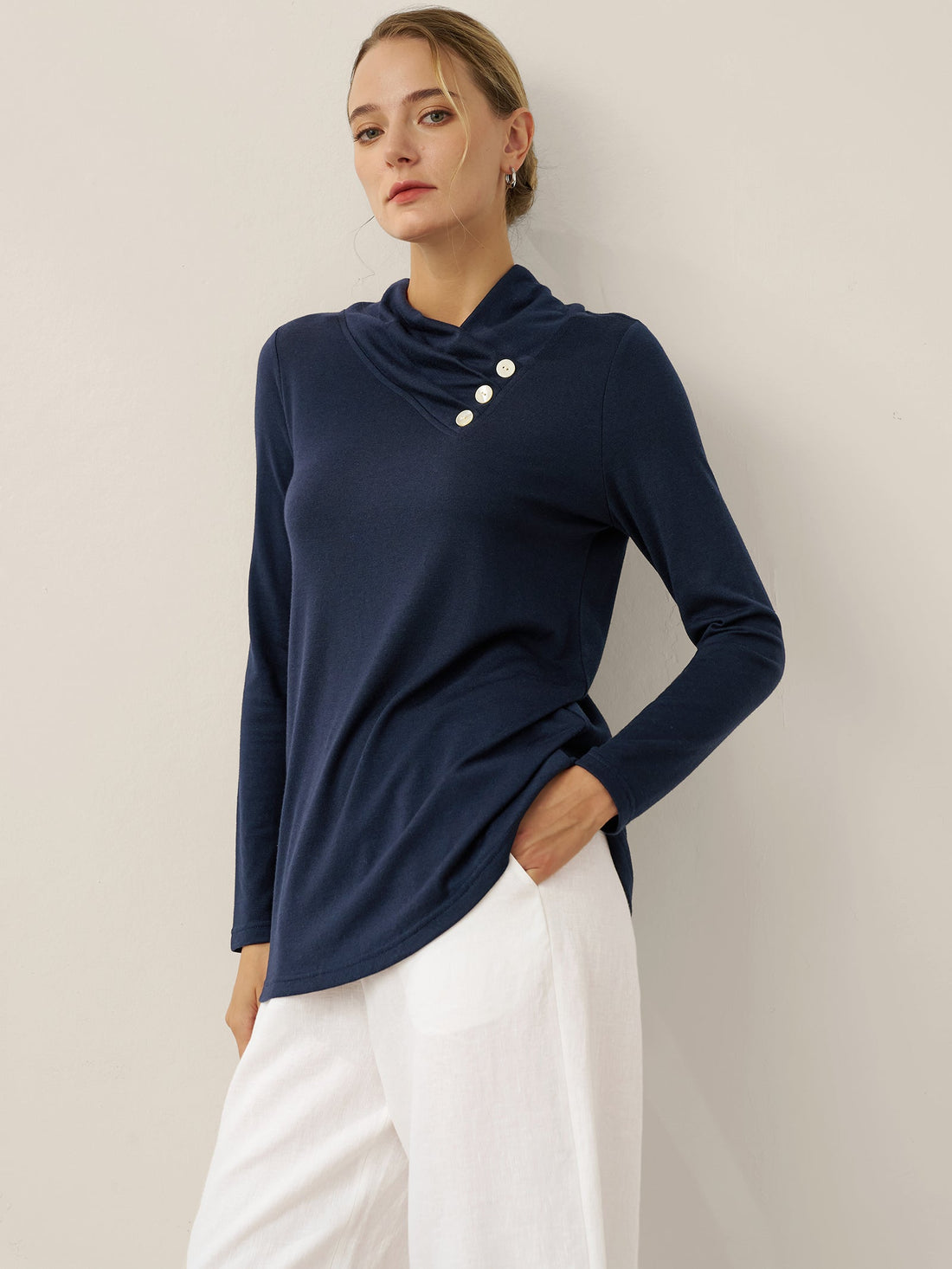 Jersey Knit Button Detail Long Sleeve Top