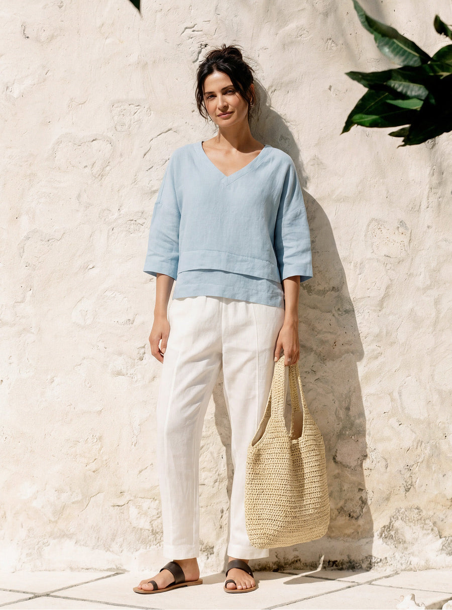 Linen Asymmetric V-Neck Half-Sleeve Shirt