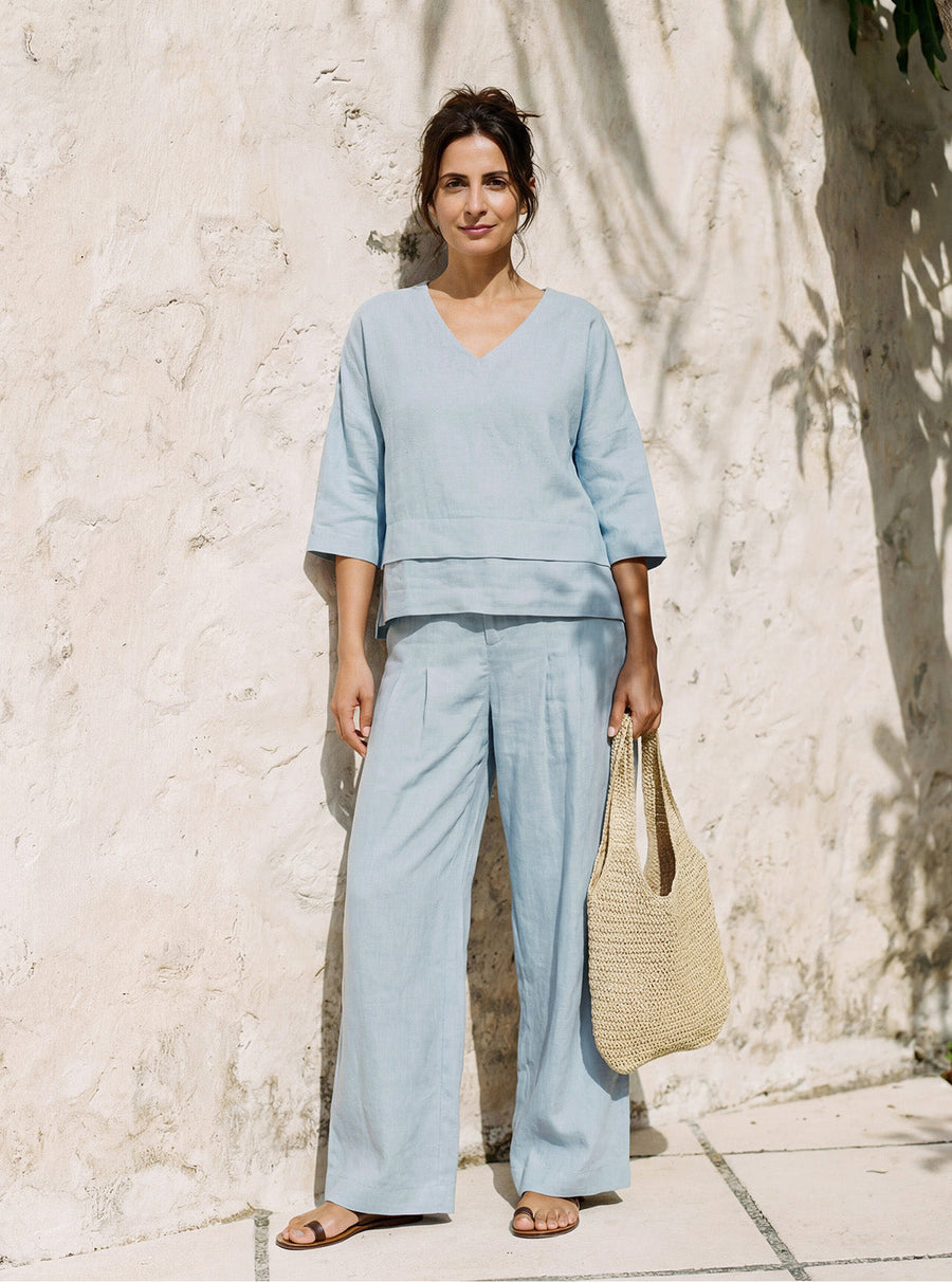 Linen Asymmetric V-Neck Half-Sleeve Shirt