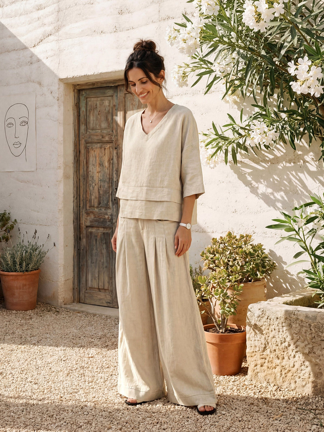 Linen Wide-Leg Pants with Welt Pockets