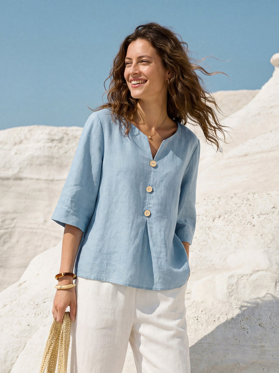 100% Linen Relaxed-Fit Button Detail Blouse