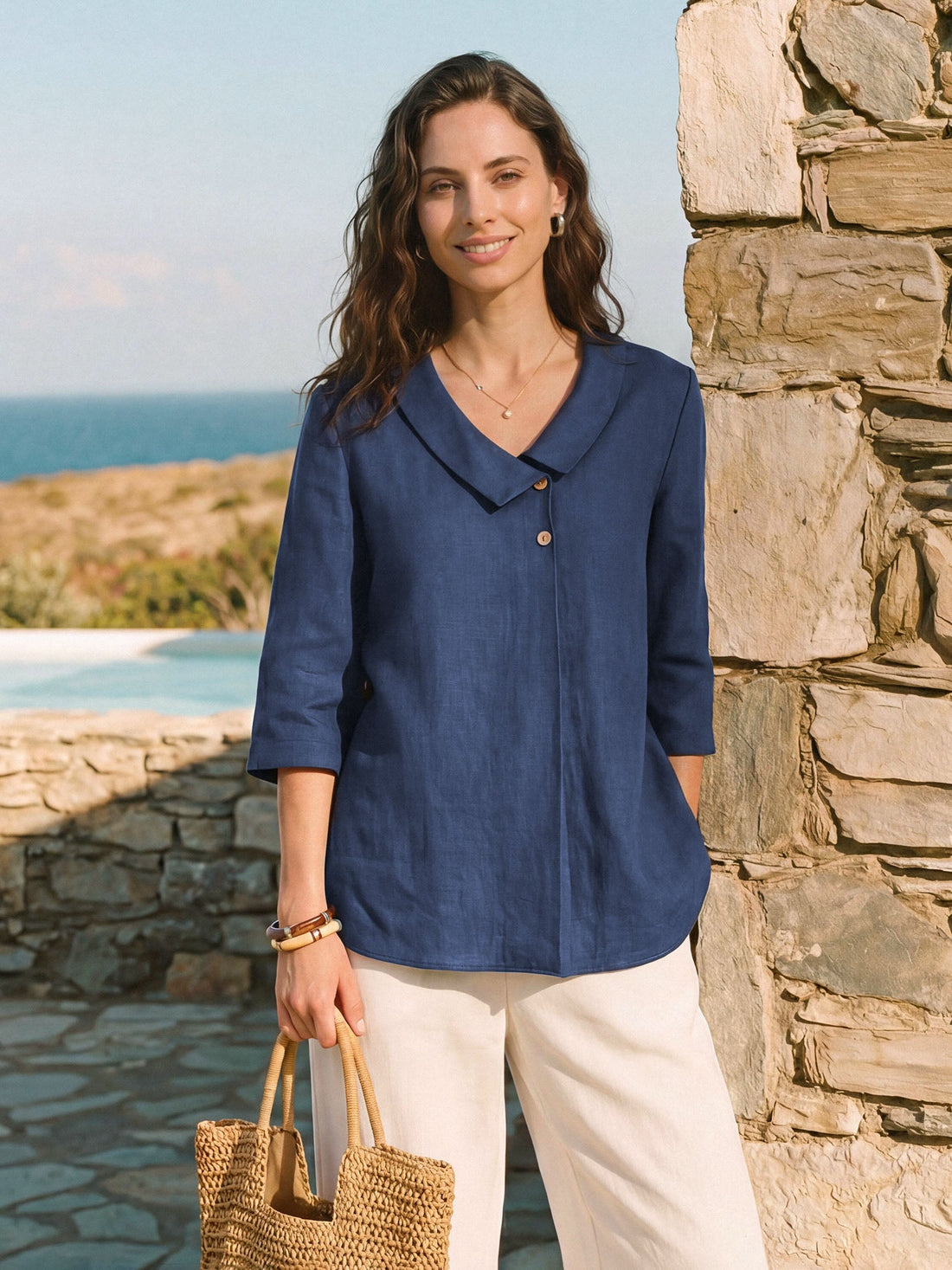 Linen Asymmetric-Collar Tunic Top with Button Detail