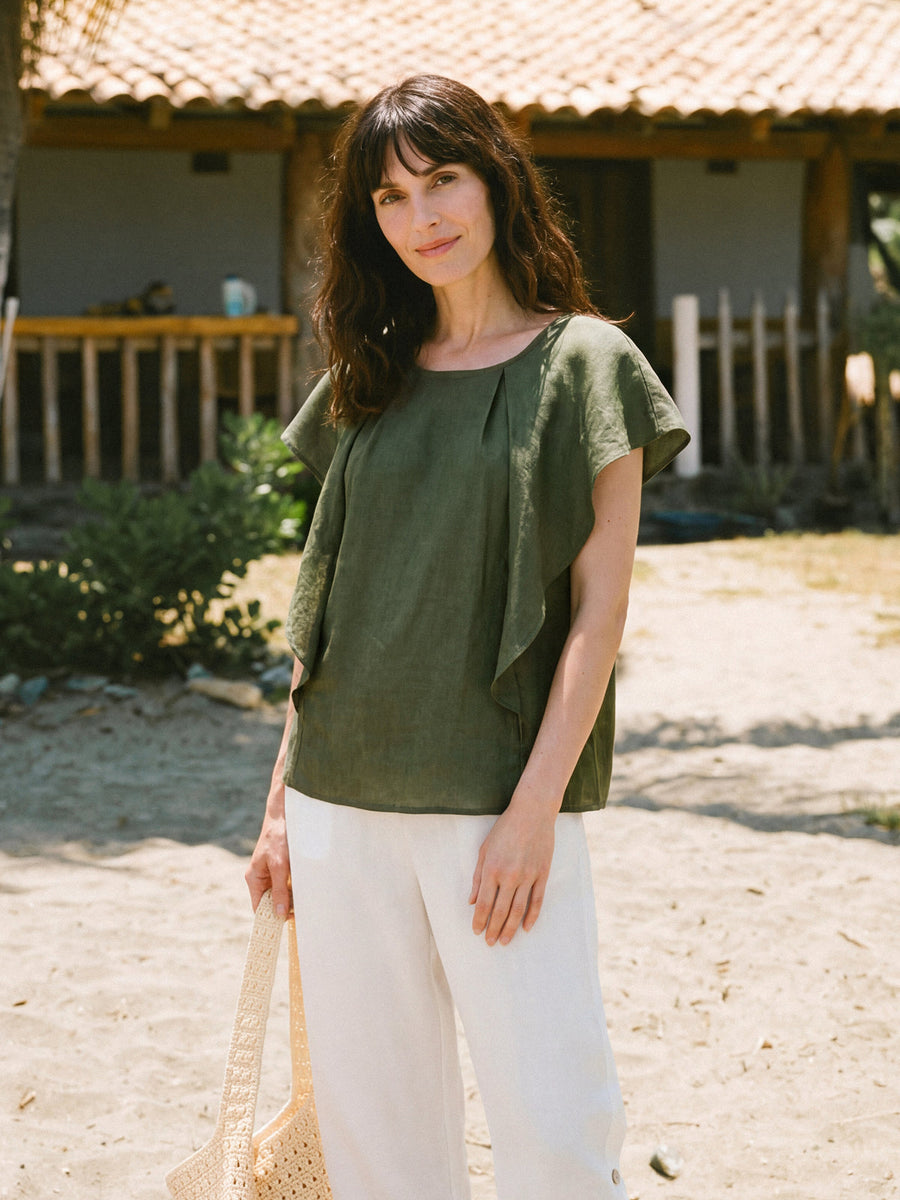 100% Linen Round Neck Top with Cap Sleeves