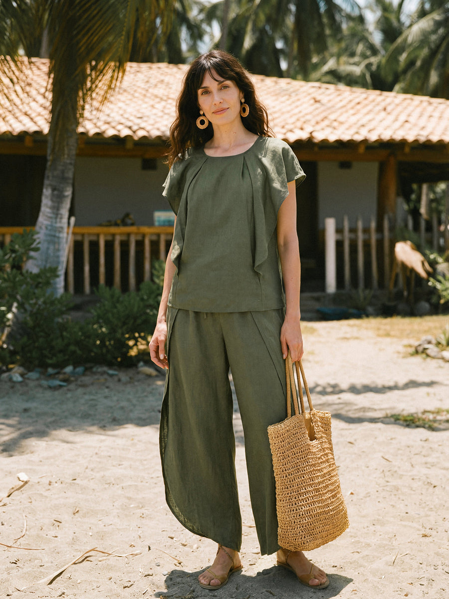 100% Linen Round Neck Top with Cap Sleeves