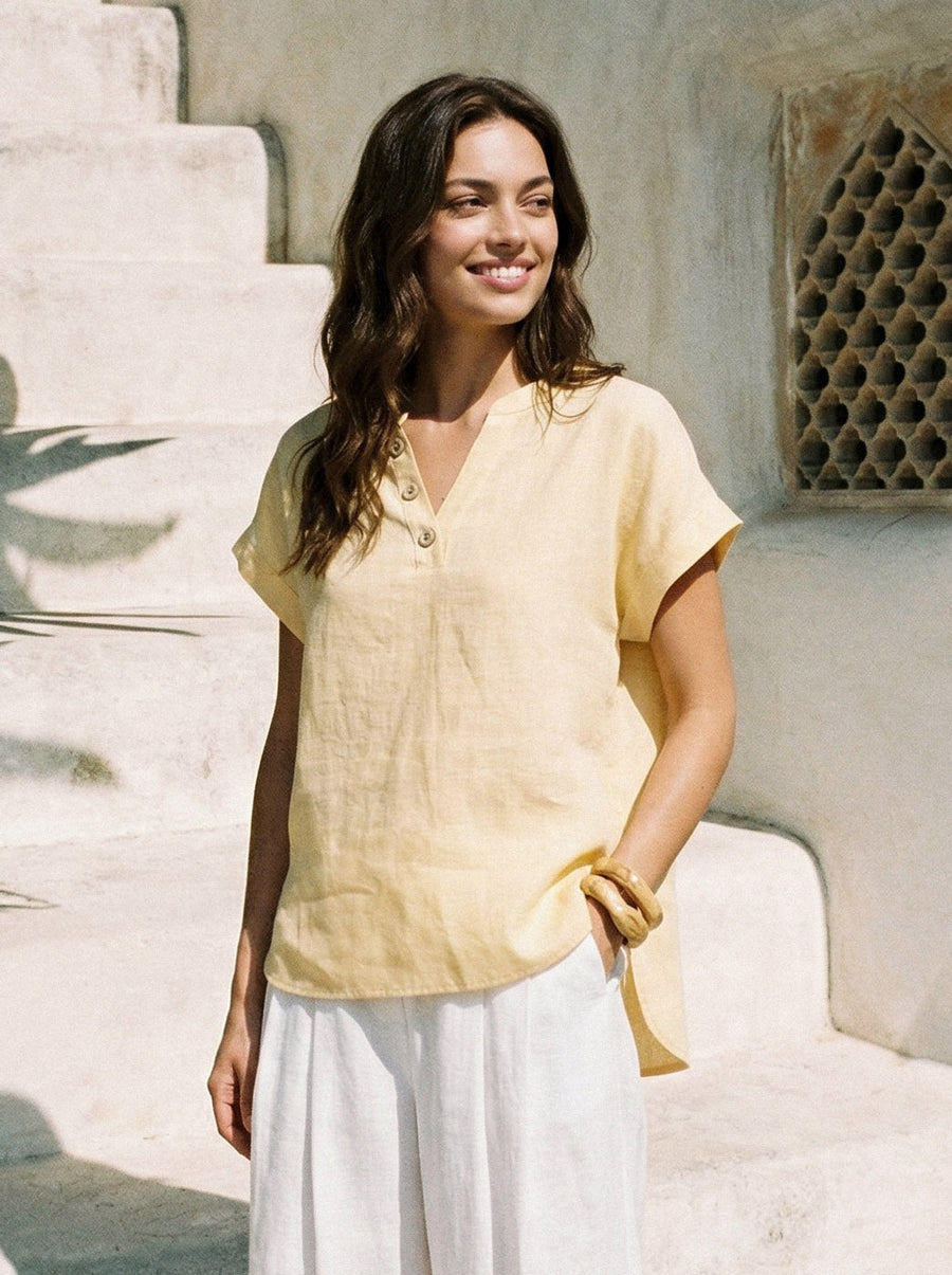 100% Linen V-Neck Short Sleeve Blouse