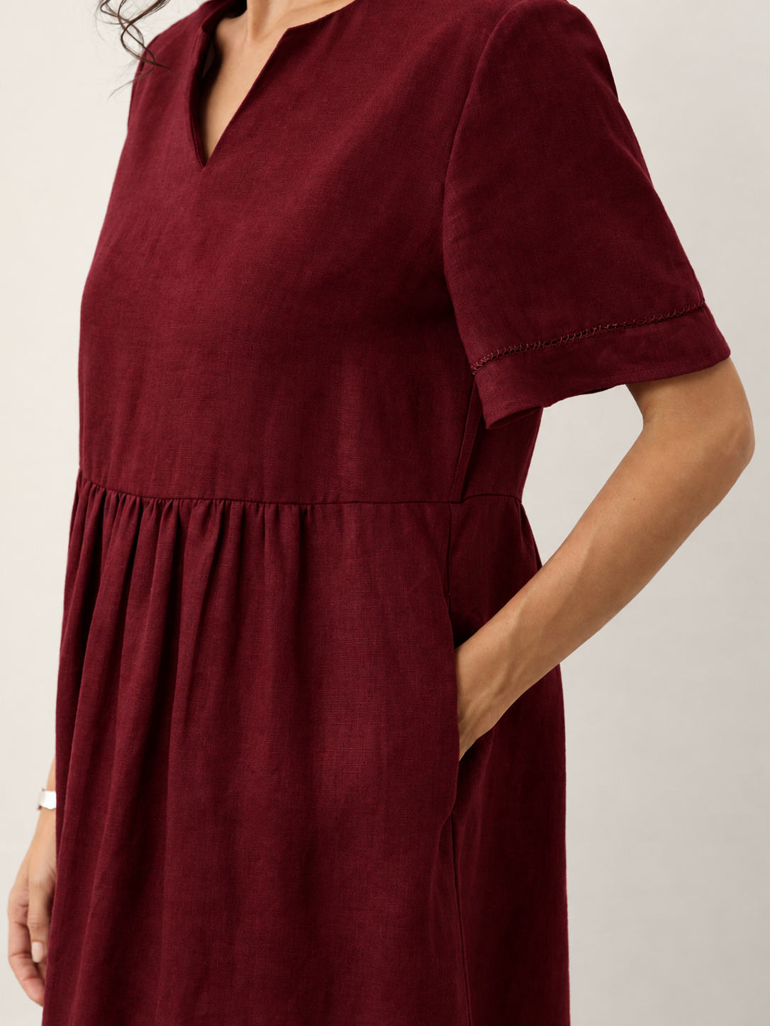 100% Linen Ruched Short Sleeve Midi Dress
