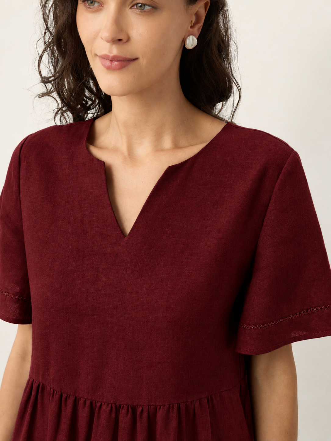 100% Linen Ruched Short Sleeve Midi Dress