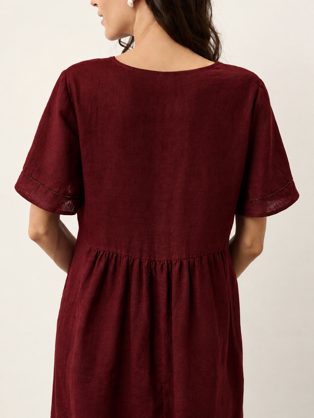 100% Linen Ruched Short Sleeve Midi Dress
