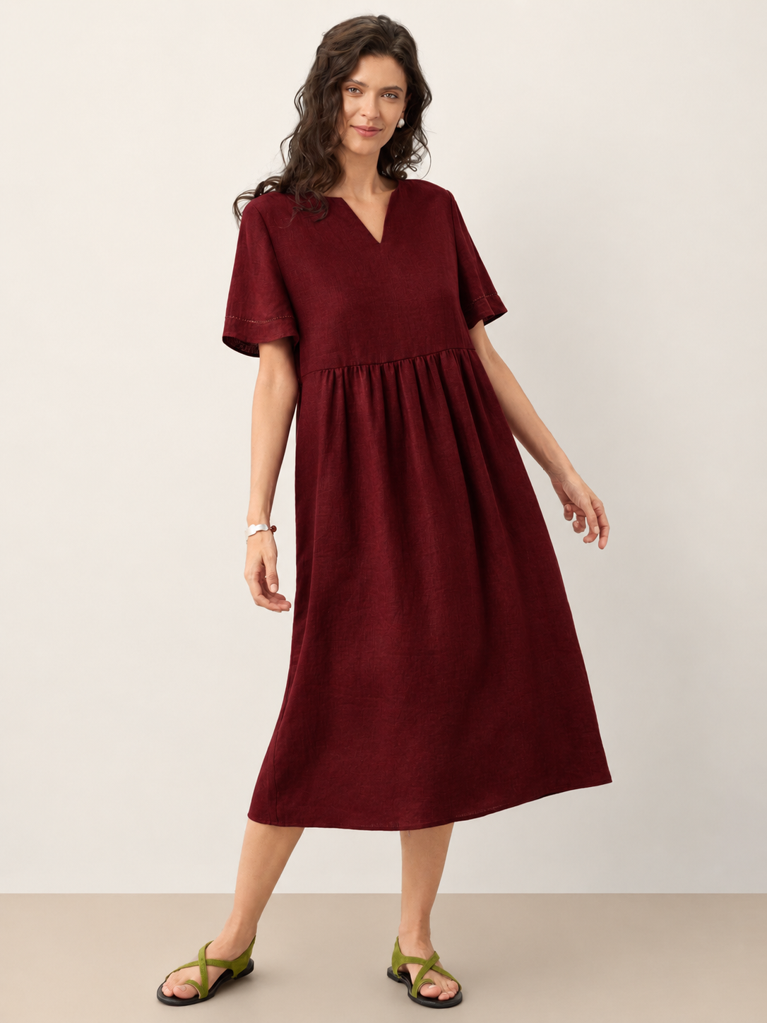 100% Linen Ruched Short Sleeve Midi Dress