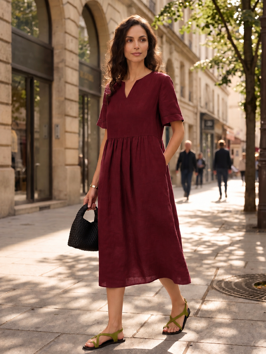 100% Linen Ruched Short Sleeve Midi Dress