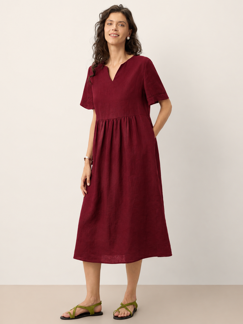 100% Linen Ruched Short Sleeve Midi Dress