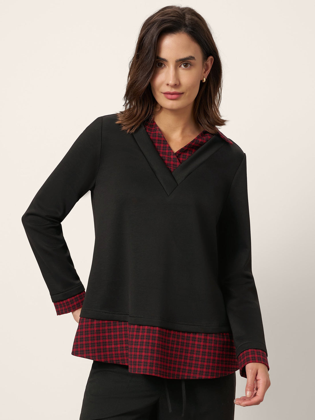 Viscose Blend Johnny-Collar Long Sleeve Top