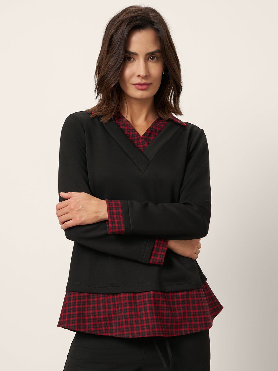 Viscose Blend Johnny-Collar Long Sleeve Top