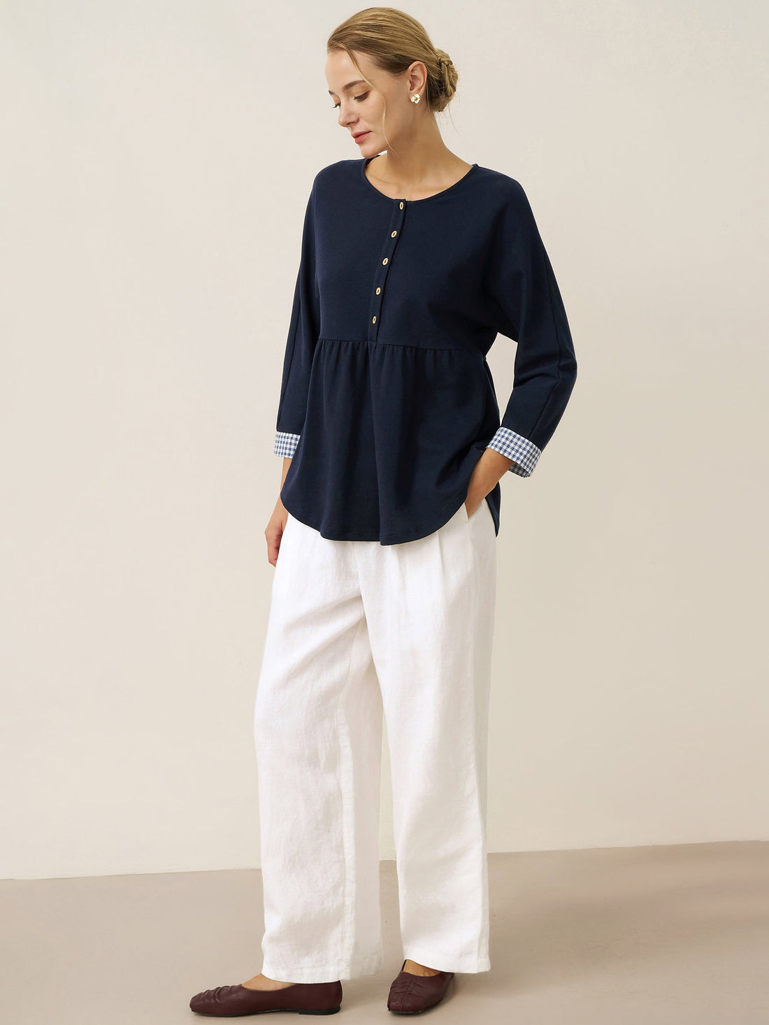 95% Cotton Ruched Round Neck Jersey Top