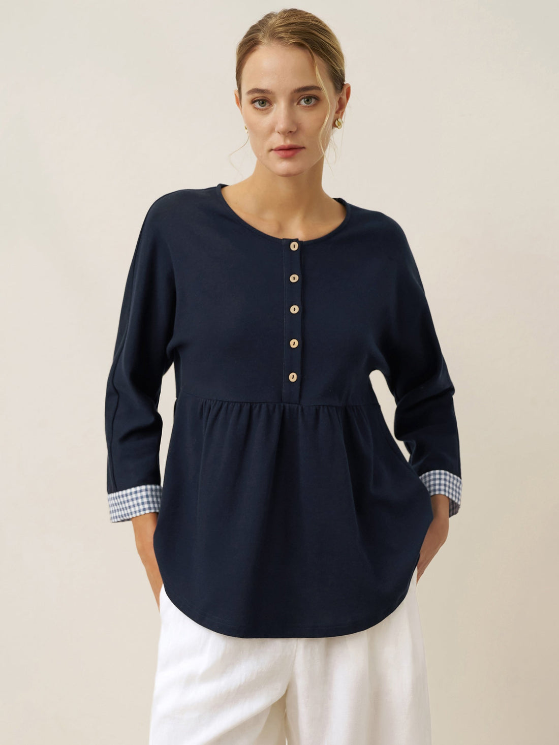 95% Cotton Ruched Round Neck Jersey Top