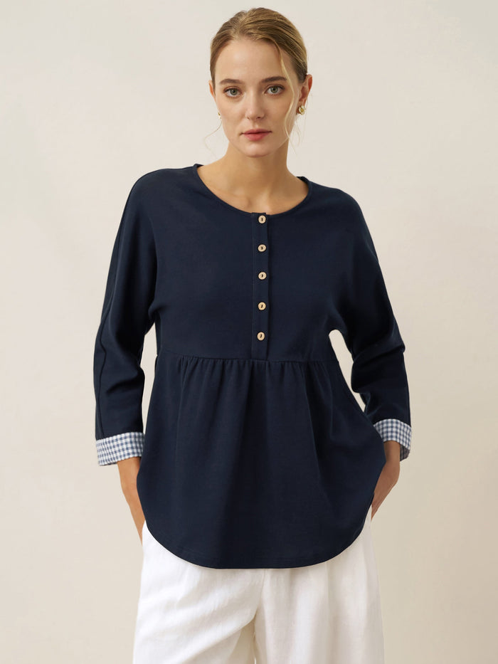 95% Cotton Ruched Round Neck Jersey Top
