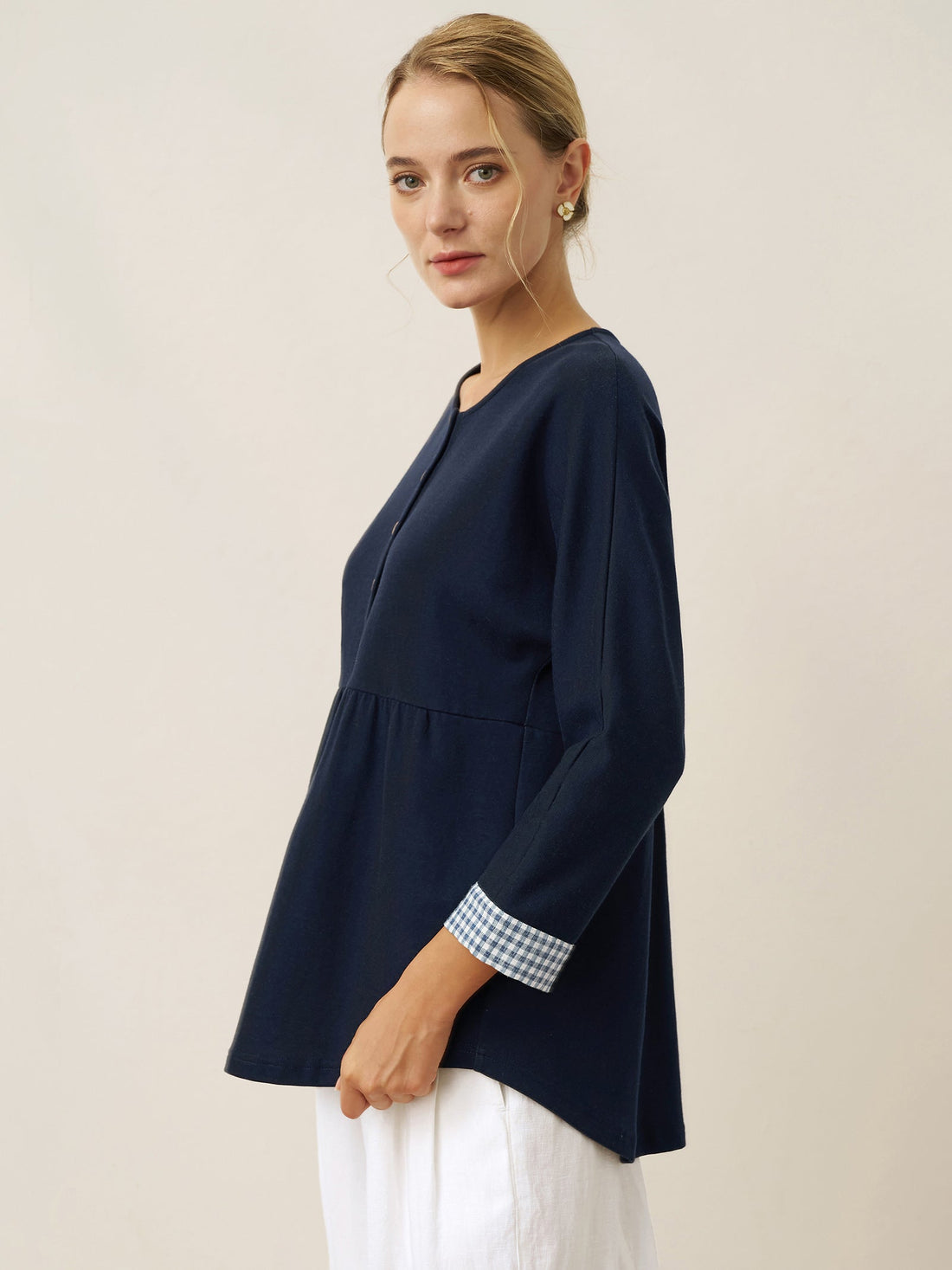 95% Cotton Ruched Round Neck Jersey Top