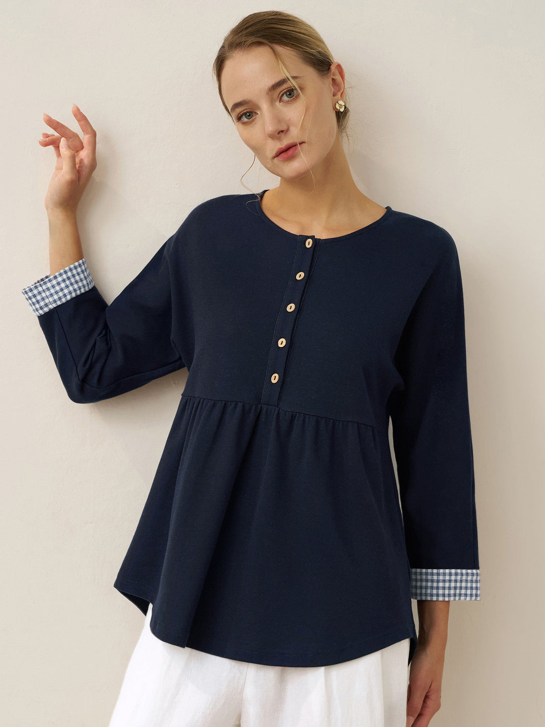95% Cotton Ruched Round Neck Jersey Top