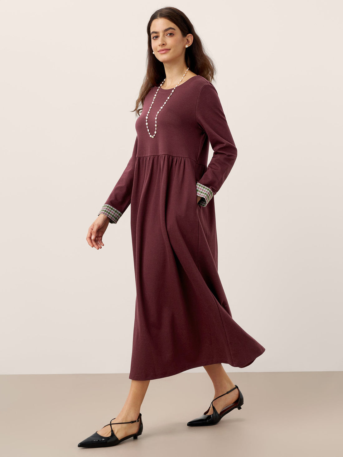 95% Cotton Ruched Long Sleeve Midi Dress