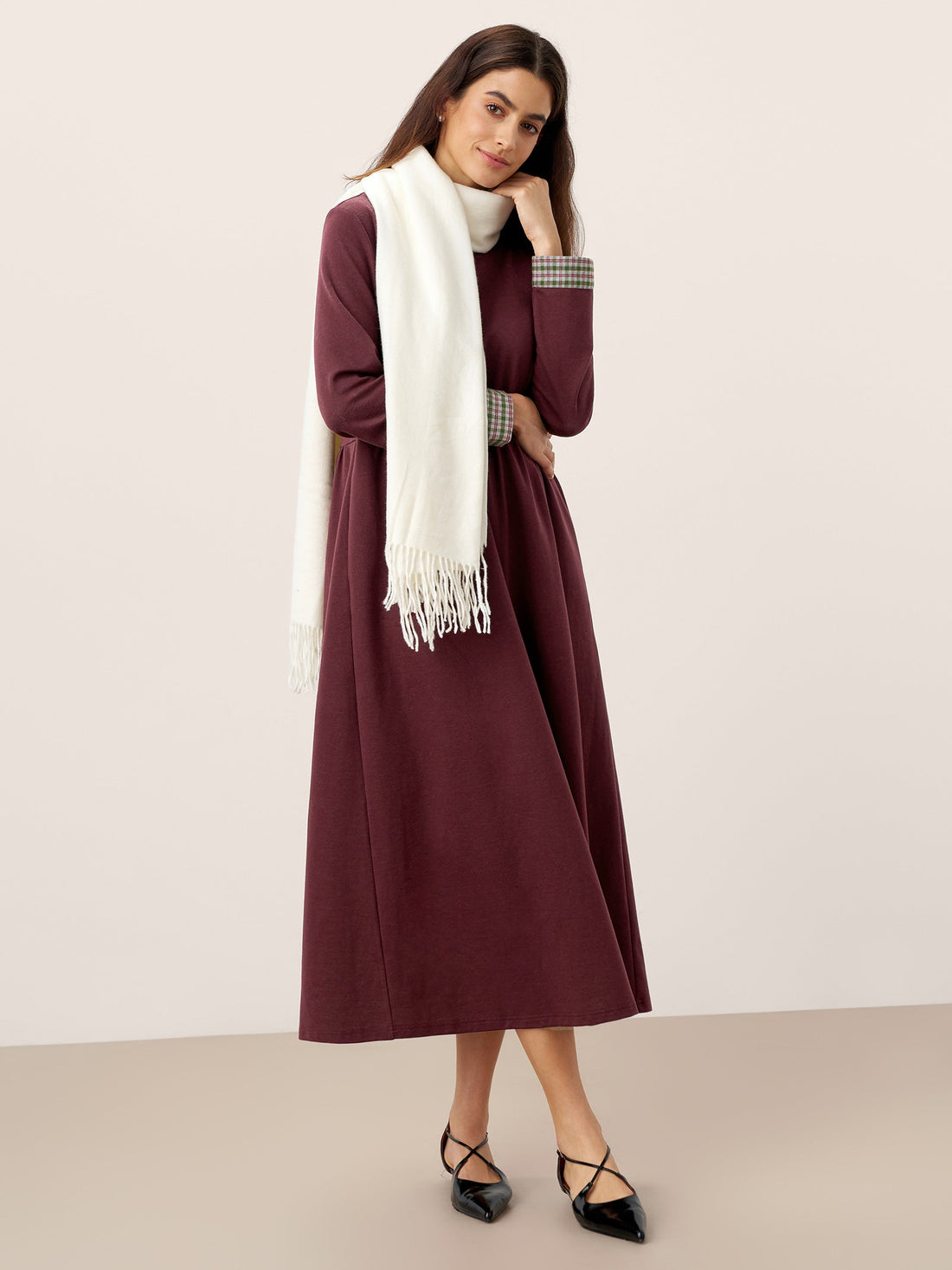 95% Cotton Ruched Long Sleeve Midi Dress