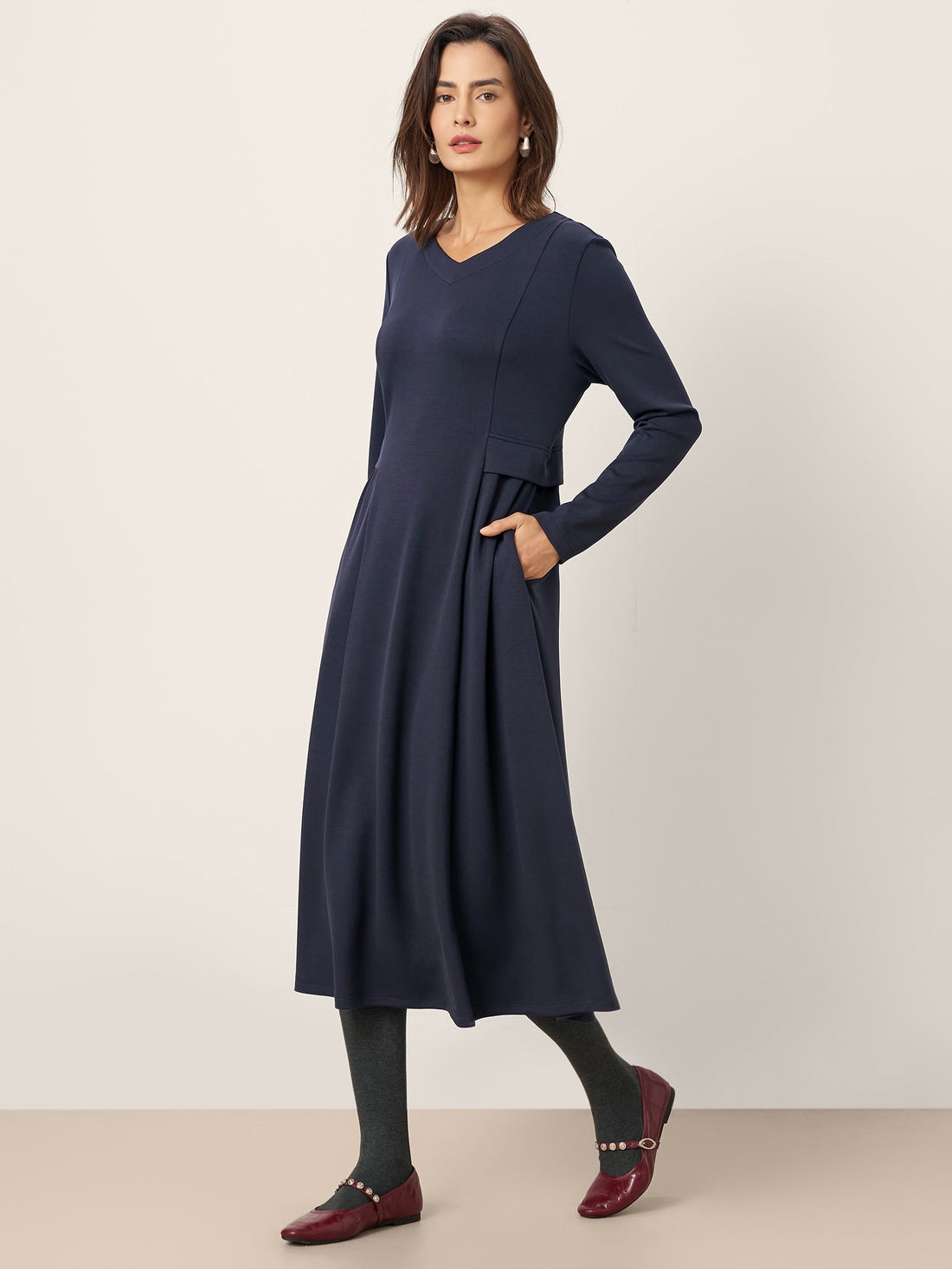 Viscose Blend Ruched V-Neck Midi Dress