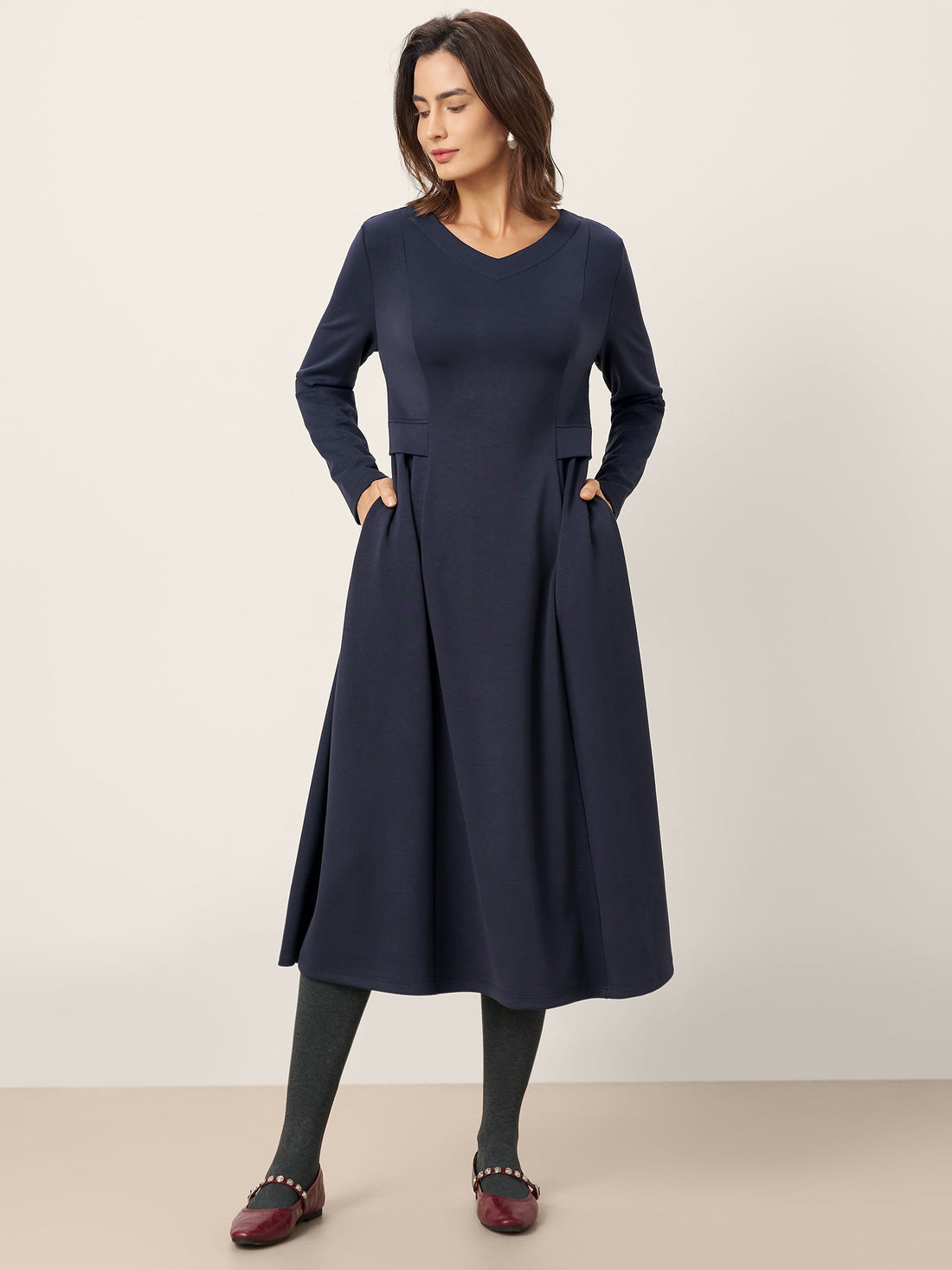Viscose Blend Ruched V-Neck Midi Dress