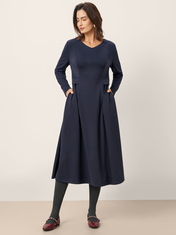 Viscose Blend Ruched V-Neck Midi Dress