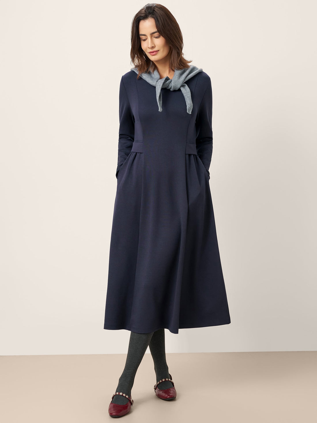 Viscose Blend Ruched V-Neck Midi Dress