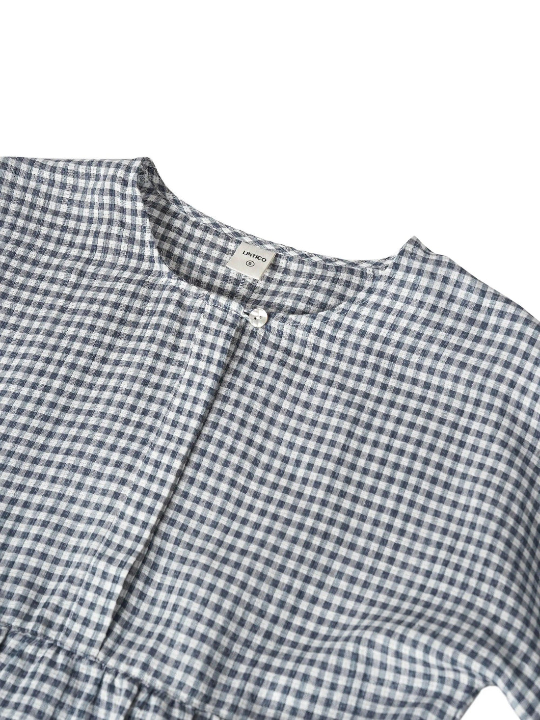 75% Linen Checked Ruched Round Neck Shirt